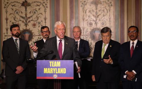 Congressman Steny Hoyer (MD-05),&nbsp;Maryland Department of Natural Resources Secretary Josh Kurtz, EPA Regional Administrator Adam Ortiz, U.S. Senator Chris Van Hollen (D-MD), and Congressmen Dutch Ruppersberger and Kweisi Mfume (all D-MD) make an appearance at a presser following the delegation meeting.&nbsp;