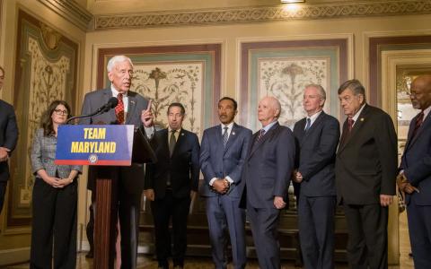 Congressman Steny H. Hoyer (MD-05) with U.S. Senators Ben Cardin and Chris Van Hollen (both D-MD), and Congressmen Dutch Ruppersberger (MD-02), Kweisi Mfume (MD-07), Jamie Raskin (MD-08), and Glenn Ivey (MD-04) at media availability in the U.S. Capitol with Congresswoman-elect April McClain Delaney (MD-06), Congresswoman-elect Sarah Elfreth (MD-03), and Congressman-elect Johnny Olszewski (MD-02).