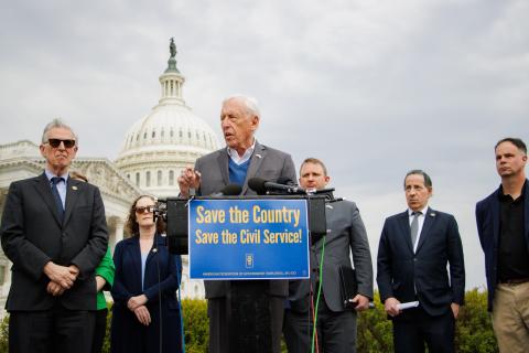 Rep. Hoyer delivers remarks in front of the U.S. Capitol on Trump's exectuive order that strip collective bargaining rights from federal workers, flanked by Reps. Don Beyer and Val Hoyle, as well as union leaders.